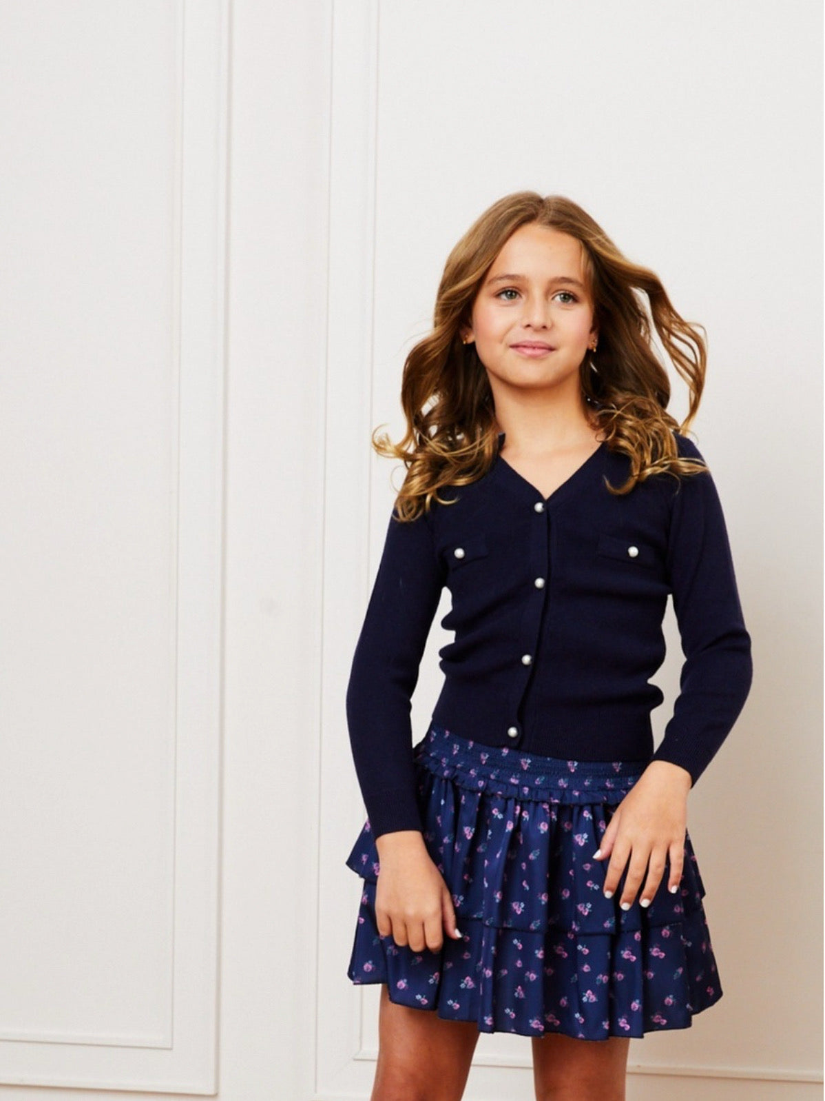 Mickey navy cardigan sweater with pearls