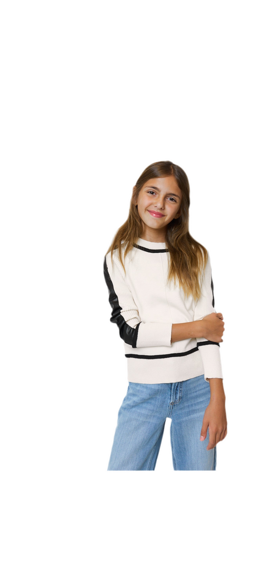 Ivory Sweater with leather detail