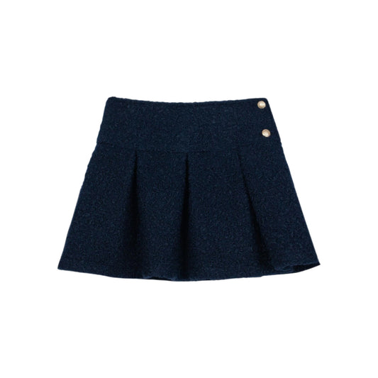 Navy Bouclé Pleated Skirt
