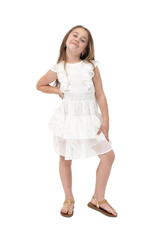 GOLD RUFFLE TOP SMOCKED WAIST DRESS