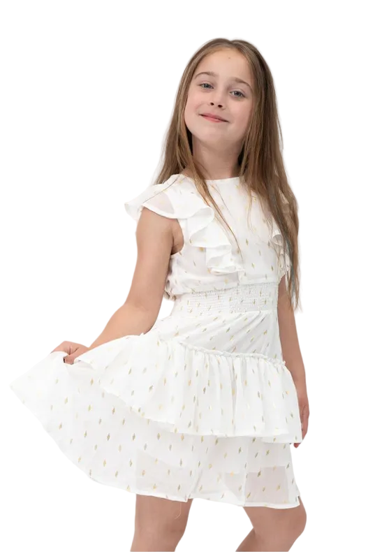 GOLD RUFFLE TOP SMOCKED WAIST DRESS